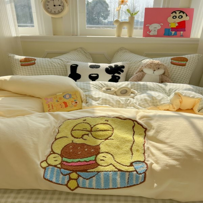 91家纺网 家纺一手货源 找家纺 （总）子钦家纺 2025春夏新款云朵棉拼接毛巾绣卡通床单床笠四件套