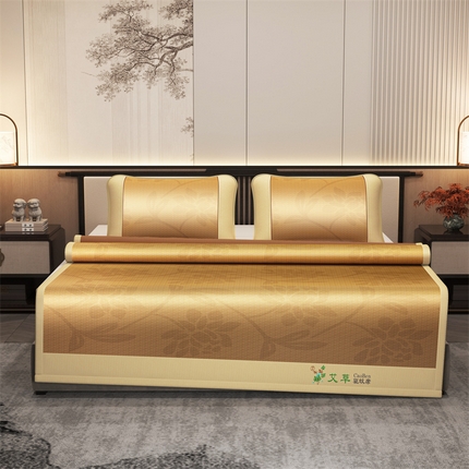 91家纺网 家纺一手货源 找家纺 （总）席佬大  2025新款艾草单双面古藤宽边绣花冰丝席-套件