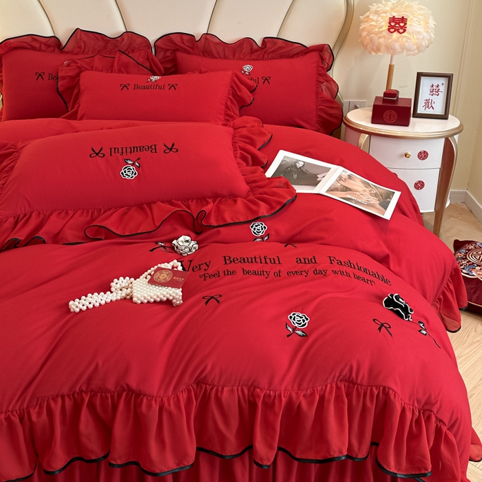 91家纺网 家纺一手货源 找家纺 富盛家纺2025新款婚庆亲肤棉磨毛刺绣四件套 喜庆—茹意