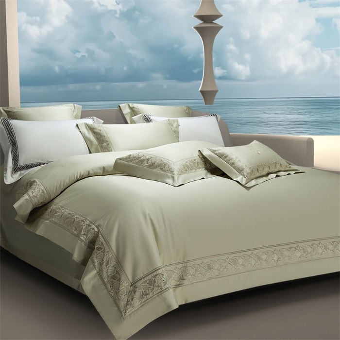 91家纺网 家纺一手货源 找家纺 高大尚婚庆馆 2025新款长绒棉四件套-简奢 简奢-油果绿