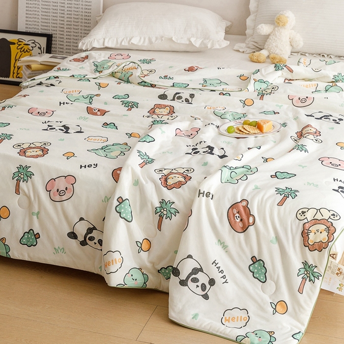 91家纺网 家纺一手货源 找家纺 优被业 2025新款A类牛奶丝针织棉夏被20%大豆(四周踩棉)软糯夏凉被空调被 动物园