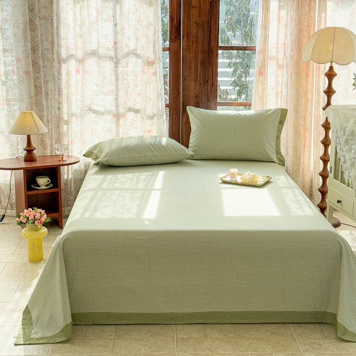 91家纺网 家纺一手货源 找家纺 简宜家居 2025新款宽边纯棉全棉老粗布床单 千鸟格-绿野宽边