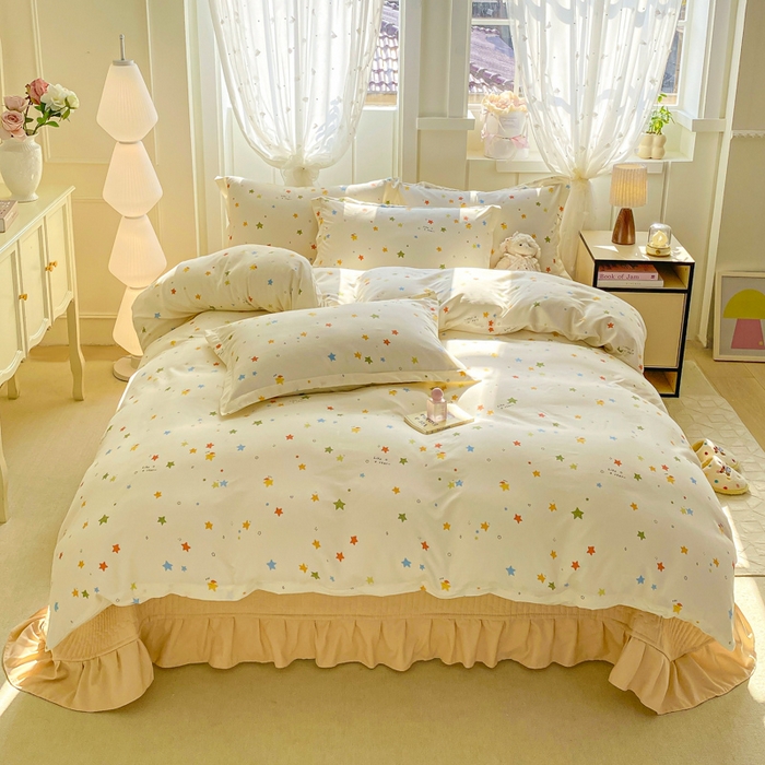 91家纺网 家纺一手货源 找家纺 梦莱斯 2025直播爆款公主风A类针织棉床盖四件套AA版被套 繁星点点