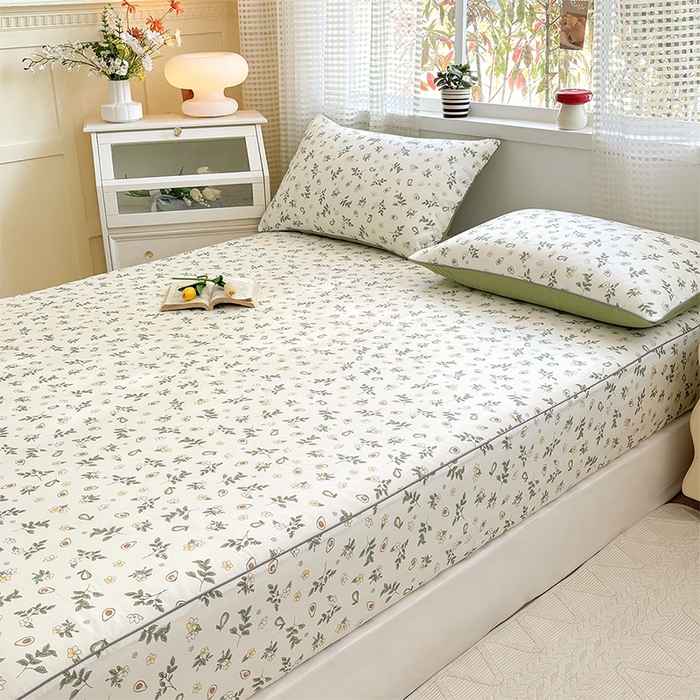 91家纺网 家纺一手货源 找家纺 元元被芯 2025新款40支13372全棉印花全棉隐藏式夹棉床笠 绿意