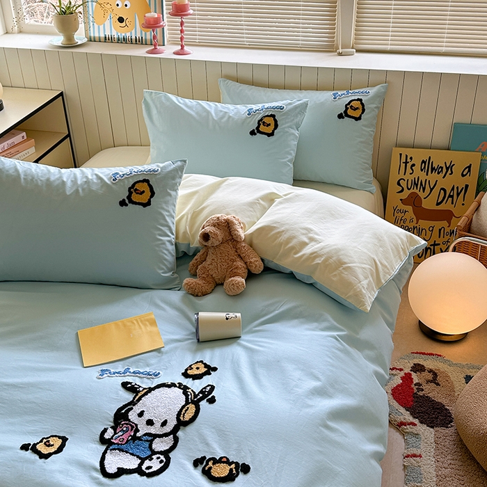 91家纺网 家纺一手货源 找家纺 金爱家 2025新款全棉毛巾绣四件套 毛巾绣-蓝蓝帕哈狗