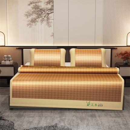 91家纺网 家纺一手货源 找家纺 （总）席佬大  2025新款艾草单双面古藤宽边绣花冰丝席-套件