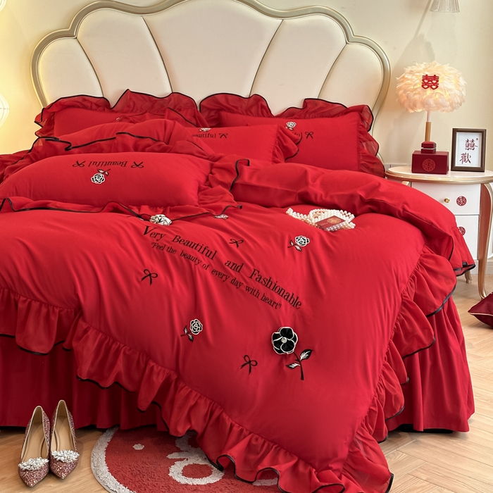 91家纺网 家纺一手货源 找家纺 富盛家纺2025新款婚庆亲肤棉磨毛刺绣四件套 喜庆—茹意