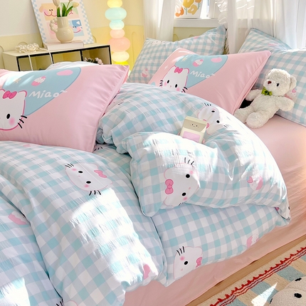 大麦乐田2025新款超柔大版印花四件套 蓝格粉猫