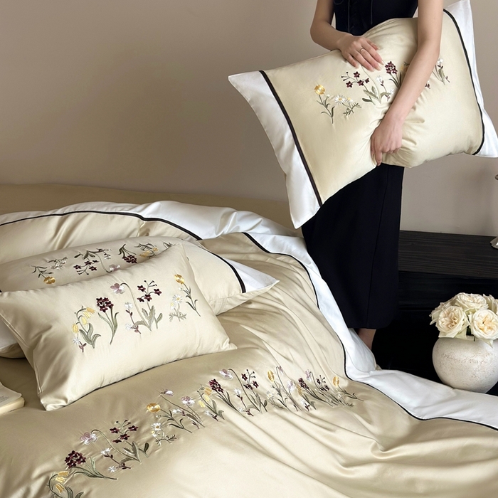 91家纺网 家纺一手货源 找家纺  鹿班家居 2025春夏款100S长绒棉刺绣四件套-山花秋色【标准会员-20元】 山花秋色-柠檬色