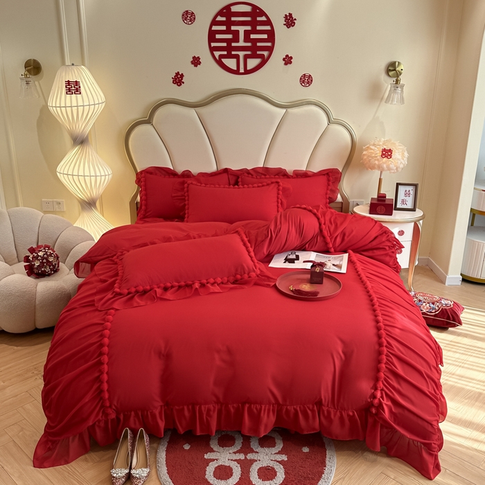 91家纺网 家纺一手货源 找家纺 富盛家纺2025新款婚庆亲肤棉磨毛刺绣四件套 喜庆—仙仙子