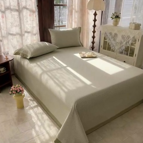 91家纺网 家纺一手货源 找家纺 简宜家居 2025新款宽边纯棉全棉老粗布床单 千鸟格-绿野宽边