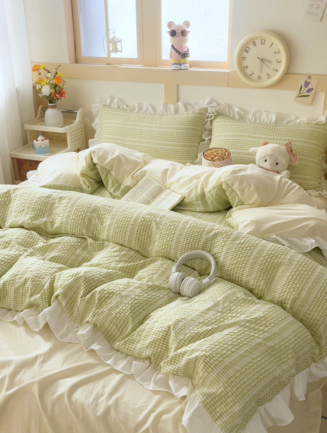 91家纺网 家纺一手货源 找家纺 慕希家纺 2025新款针织棉泡泡纱韩版工艺花边款四件套 花边款-初恋-清新绿