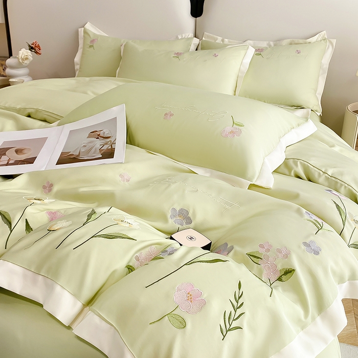 91家纺网 家纺一手货源 找家纺 狂想家 2025亲肤棉重工刺绣系列四件套-花海 花海浅绿