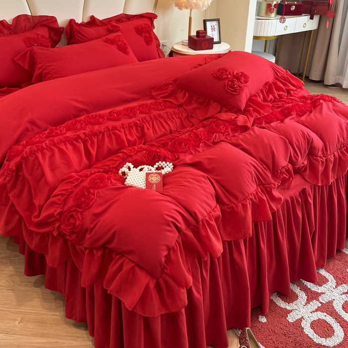 91家纺网 家纺一手货源 找家纺 富盛家纺2025新款婚庆亲肤棉磨毛刺绣四件套 喜庆—甜蜜蜜