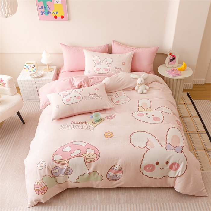 91家纺网 家纺一手货源 找家纺 馨语家居 2025新款全棉双层纱四件套 彩虹蘑菇