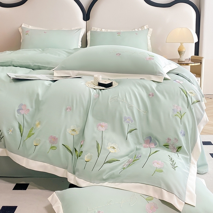 91家纺网 家纺一手货源 找家纺 狂想家 2025亲肤棉重工刺绣系列四件套-花海 花海苹果绿