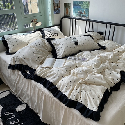 老K (原美阁） 2025新款水洗棉赫本风波点四件套学生宿舍三件套床单款床笠款 波点米