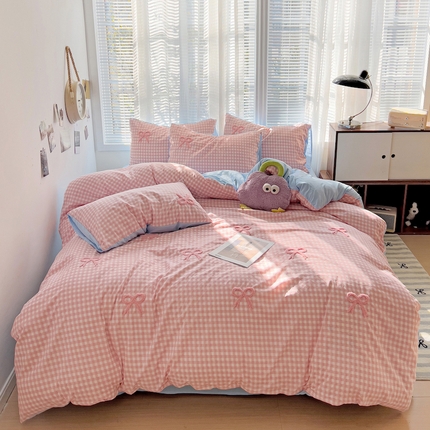 灰鲸2025新款ins韩系软妹风蝴蝶结毛巾绣四件套 蝴蝶结（粉格+天空蓝)