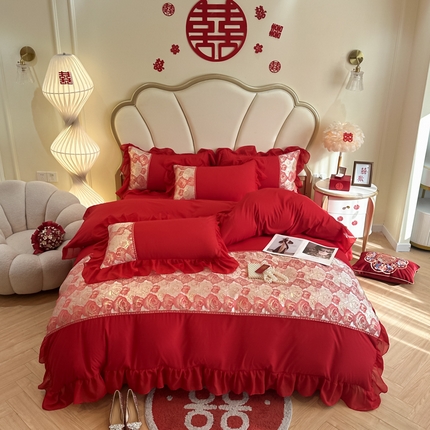 富盛家纺2025新款婚庆亲肤棉磨毛刺绣四件套 喜庆—月光恋人