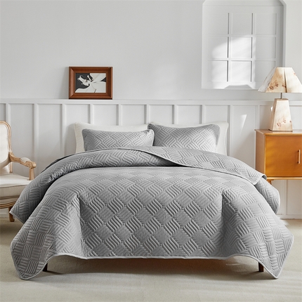 2025新款田字格床盖三件套 国外薄被 田字格-灰色