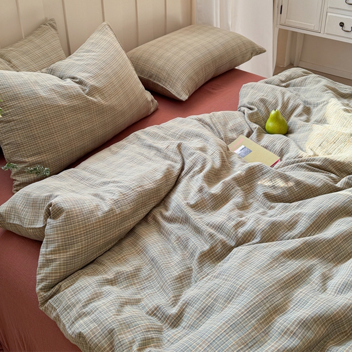 91家纺网 家纺一手货源 找家纺 萝莉家纺 2025新款复古全棉A类色织双层纱皱皱纱格子四件套 浮生湖蓝