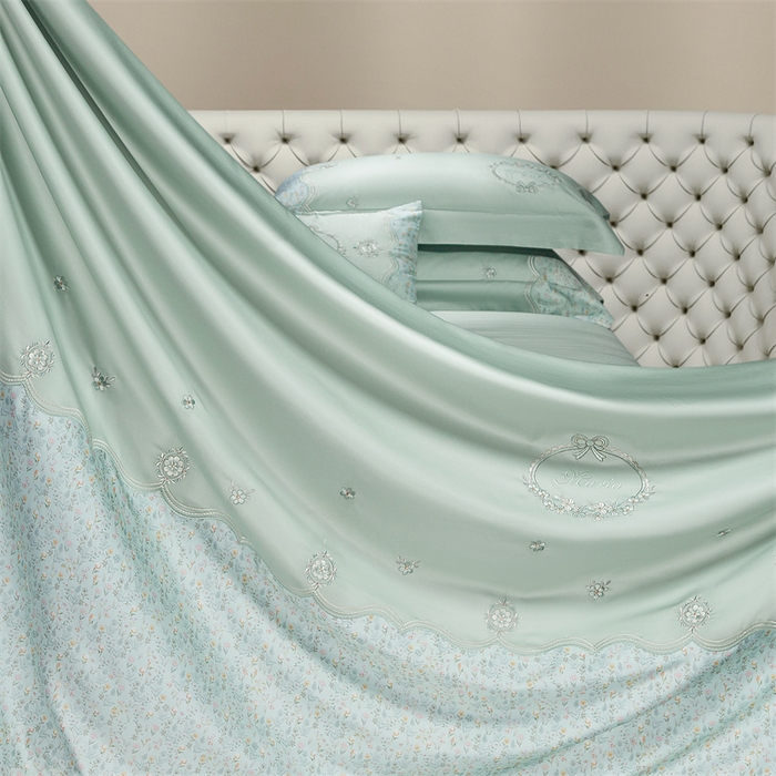 91家纺网 家纺一手货源 找家纺 高大尚婚庆馆 2025新款艾能棉高端绣花四件套-巴黎甜心 巴黎甜心-清新绿