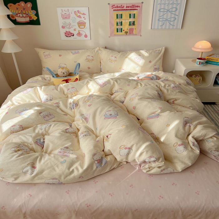 91家纺网 家纺一手货源 找家纺 六巷胡同 2025新款 INS减龄可爱风卡通全棉四件套第五系（森林音乐会系列） 波点嘟嘟猫