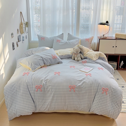 灰鲸2025新款ins韩系软妹风蝴蝶结毛巾绣四件套 蝴蝶结（蓝格+奶油黄）