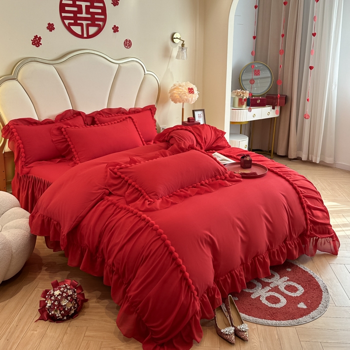 91家纺网 家纺一手货源 找家纺 富盛家纺2025新款婚庆亲肤棉磨毛刺绣四件套 喜庆—仙仙子