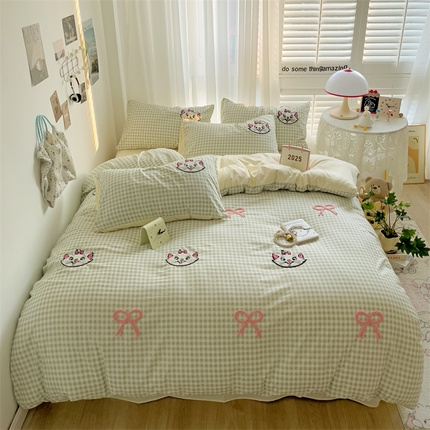 91家纺网 家纺一手货源 找家纺 （总）灰鲸2025新款ins韩系萌趣次元风猫咪蝴蝶结毛巾绣四件套