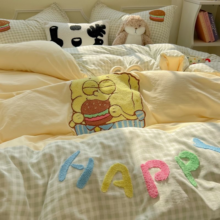 91家纺网 家纺一手货源 找家纺 （总）子钦家纺 2025春夏新款云朵棉拼接毛巾绣卡通床单床笠四件套