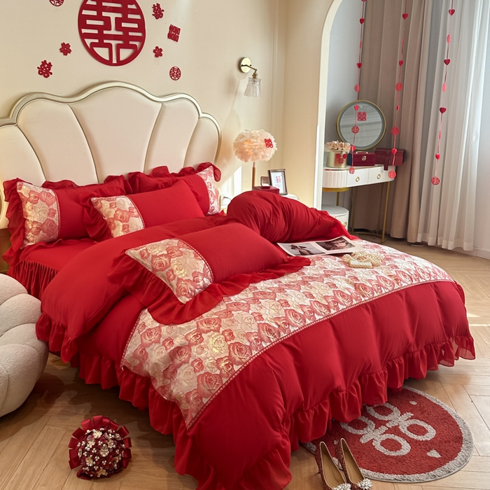 91家纺网 家纺一手货源 找家纺 富盛家纺2025新款婚庆亲肤棉磨毛刺绣四件套 喜庆—月光恋人