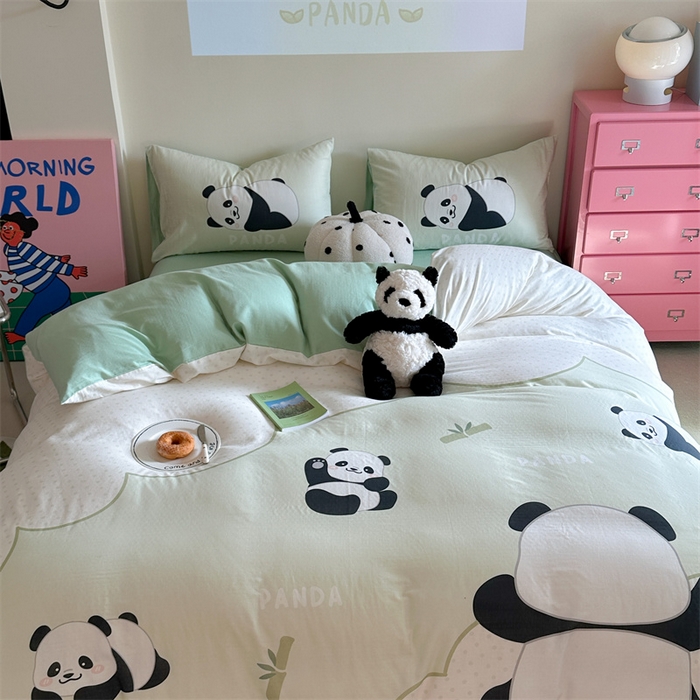 91家纺网 家纺一手货源 找家纺 馨语家居 2025新款全棉双层纱四件套 熊猫之家