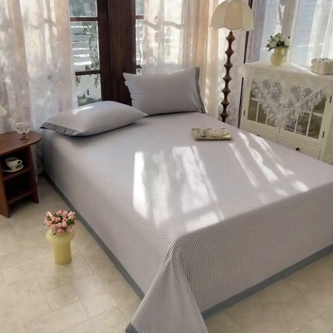 91家纺网 家纺一手货源 找家纺 简宜家居 2025新款宽边纯棉全棉老粗布床单 条纹-灰咖宽边