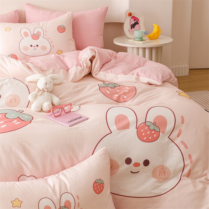 91家纺网 家纺一手货源 找家纺 馨语家居 2025新款全棉双层纱四件套 草莓兔