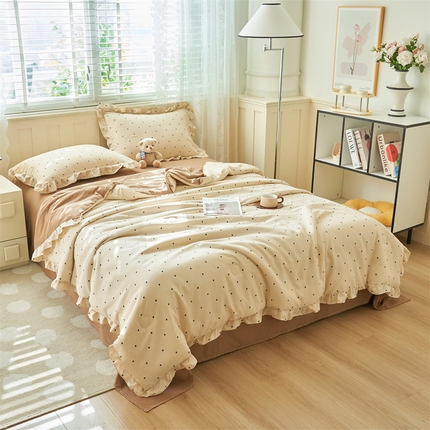 换种生活 2025新款荷叶边款针织单夏被 四件套 波点-咖