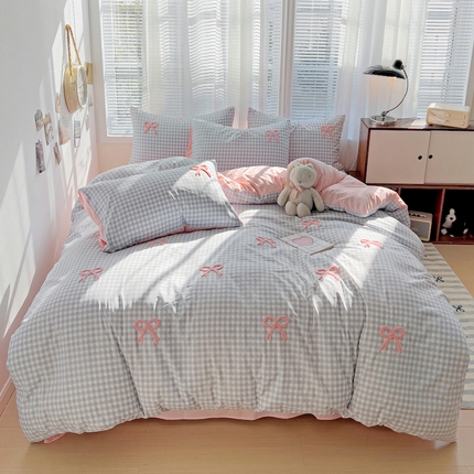 灰鲸2025新款ins韩系软妹风蝴蝶结毛巾绣四件套 蝴蝶结（蓝格+樱花粉）