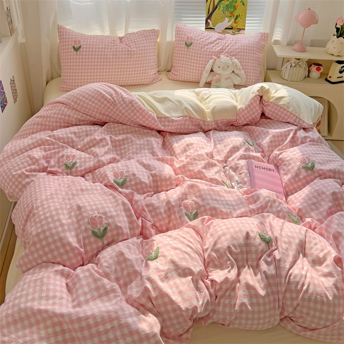 91家纺网 家纺一手货源 找家纺 （总）灰鲸2025新款ins韩系田园风郁金香毛巾绣四件套