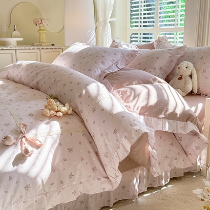 艾唯希家纺 2025新款韩式全棉蝴蝶结工艺四件套纯棉公主风花边系列 顽宠-粉