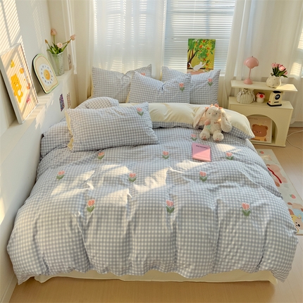 灰鲸2025新款ins韩系田园风郁金香毛巾绣四件套 郁金香-蓝格+奶油黄