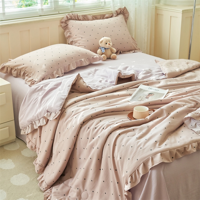 91家纺网 家纺一手货源 找家纺 换种生活 2025新款荷叶边款针织单夏被 四件套 波点-梦幻紫