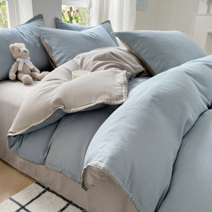 91家纺网 家纺一手货源 找家纺 莱登卡奴 2025新款A类全棉双层纱纯色贝壳绣系列四件套 双层纱新耀兰拼浅灰