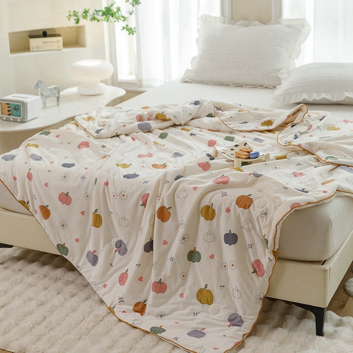 91家纺网 家纺一手货源 找家纺 优被业 2025新款A类牛奶丝针织棉夏被20%大豆(四周踩棉)软糯夏凉被空调被 贝贝南瓜