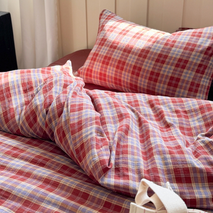 91家纺网 家纺一手货源 找家纺 （总）萝莉家纺 2025新款复古全棉A类色织双层纱皱皱纱格子四件套