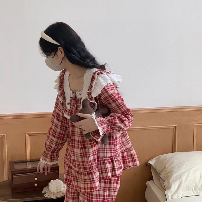 91家纺网 家纺一手货源 找家纺 （总）妍景家居生活馆 2025新款韩系色织棉格子套装酒红