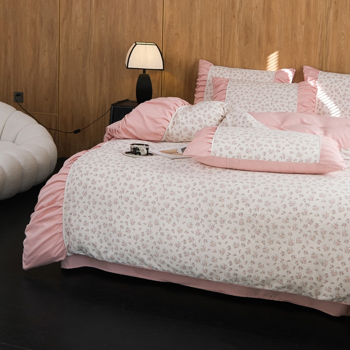 91家纺网 家纺一手货源 找家纺 布可家纺 2025新款A类法式清新褶皱印花四件套 悠悠香草