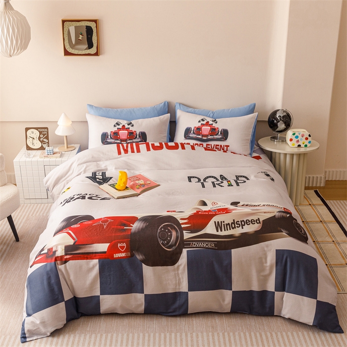 91家纺网 家纺一手货源 找家纺 馨语家居 2025新款全棉双层纱四件套 赛车世界