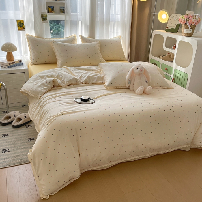 91家纺网 家纺一手货源 找家纺 仟网汇 2025新款韩版镂空花边针织双层纱四件套 彩波点