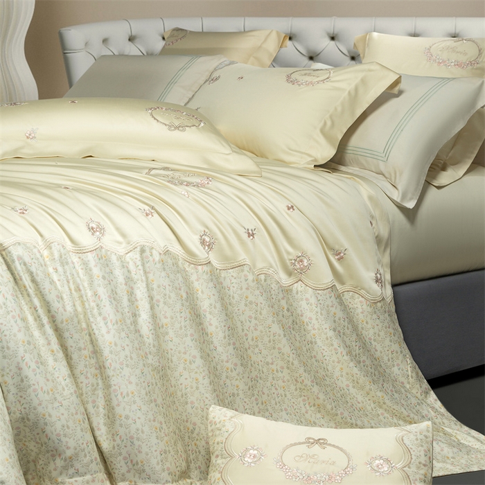 91家纺网 家纺一手货源 找家纺 高大尚婚庆馆 2025新款艾能棉高端绣花四件套-巴黎甜心 巴黎甜心-奶昔黄