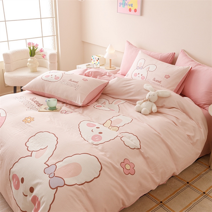 91家纺网 家纺一手货源 找家纺 馨语家居 2025新款全棉双层纱四件套 彩虹蘑菇